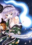  bare_shoulders black_hairband blue_eyes bob_cut breasts cherry_blossoms cleavage hairband hiyokonomi japanese_clothes jitome katana kimono konpaku_youmu konpaku_youmu_(ghost) lamp medium_breasts mouth_hold off_shoulder petals short_hair silver_hair solo sword tassel touhou traditional_media weapon 