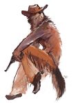  boots canine cowboy cowboy_hat gun hat looking_away male mammal plain_background pose racoonwolf ranged_weapon revolver solo spurs topless weapon western wolf 