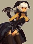  arm_behind_back bad_id bad_pixiv_id bat_wings black_legwear blush breasts cleavage collar dark_skin demon_girl dress elbow_gloves garter_straps gloves hat highres joypyonn lace lace-trimmed_thighhighs large_breasts leaning_forward looking_at_viewer mabinogi pointy_ears red_eyes short_hair simple_background solo succubus succubus_(mabinogi) thighhighs white_hair wings 