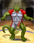  alligator anthro balls biceps big_muscles clothing cum erection forked_tongue hindpaw looking_at_viewer male mudwolfy muscles open_mouth paws pecs penis precum reptile scalie sharp_teeth solo spandex standing teeth tight_clothing tongue tongue_out unitard wrestler wrestling_singlet 
