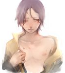  bad_id bad_pixiv_id collarbone face hair_over_one_eye hands inazuma_eleven_(series) inazuma_eleven_go looking_at_viewer male_focus minamisawa_atsushi nipples shiro_(reptil) simple_background solo undressing white_background wince 