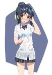  black_hair blue_hair blush bow bowtie bra brown_eyes dress_shirt errant hand_in_hair original plaid plaid_skirt ponytail school_uniform see-through shirt short_hair skirt solo underwear wet wet_clothes 