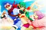  2girls :d arm_grab closed_eyes creature feena_(grandia) fingerless_gloves friends gloves goggles grandia grandia_i green_hair hair_ornament hair_tubes hat highres justin_(grandia) laughing layered_sleeves long_hair low-tied_long_hair lucia_garcia microskirt midriff miniskirt multiple_girls open_mouth purple_hair purple_skirt puui_(grandia) red_hair running scarf side_slit skirt smile sue_(grandia) wide_sleeves wrist_grab 