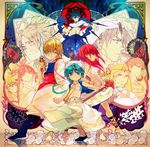  6+boys aladdin_(magi) ali_baba_saluja aqua_eyes aqua_hair barefoot blonde_hair blue_hair braid ja'far judal ka_koubun keffiyeh long_hair magi_the_labyrinth_of_magic masrur midriff morgiana multiple_boys multiple_girls red_eyes red_hair ren_hakuryuu ren_kougyoku scar shishio short_hair sinbad_(magi) single_braid smile staff sword turban weapon yellow_eyes 