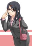  adjusting_eyewear bag black_hair black_skirt brown_eyes brown_legwear glasses hair_ornament hairclip handbag long_hair miniskirt pantyhose pencil_skirt rikunabi_next rikunabi_next_miho-san skirt smile solo yuuki_maya 