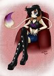  black_hair blue_eyes boots chair clothing collar crossed_legs crovirus ear_piercing earring female hair jeans lilith looking_at_viewer nintendo piercing pinup pok&#233;mon pok&#233;morph pok&eacute;mon pok&eacute;morph pose ring shirt sitting skykain smeargle solo tank_top video_games 