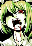  bad_id bad_pixiv_id blonde_hair blood blood_in_mouth blood_stain close-up collarbone face fangs flandre_scarlet green_hair hair_over_one_eye hat karute looking_at_viewer one_eye_covered open_mouth red_eyes short_hair side_ponytail solo touhou 
