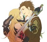  1girl alvin_(tales) bad_id bad_pixiv_id blonde_hair brown_eyes brown_hair gloves gradient_hair green_hair gun katana long_hair milla_maxwell multicolored_hair red_eyes sword tales_of_(series) tales_of_xillia teita weapon 