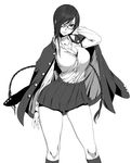  breasts cleavage glasses greyscale hair_over_one_eye hips large_breasts legs long_hair mada_(mk333) miniskirt monochrome original pleated_skirt school_uniform skirt smile solo thighs very_long_hair wide_hips 