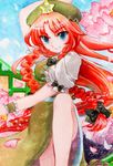  blue_eyes bow braid cherry_blossoms china_dress chinese_clothes dress fighting_stance flower hair_bow hat highres hong_meiling leg_up long_hair petals red_hair smile solo star touhou traditional_media twin_braids wrist_cuffs yui_(calling_dr_love_m) 