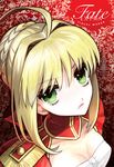  ahoge blonde_hair breasts cleavage cover cover_page dutch_angle epaulettes eyelashes fate/extra fate_(series) green_eyes hair_bun hair_intakes nero_claudius_(fate) nero_claudius_(fate)_(all) official_art portrait small_breasts solo wada_aruko 