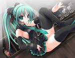  black_skirt boots bow detached_sleeves green_eyes green_hair hair_bow hatsune_miku headset long_hair microskirt nagato_tamakichi necktie pleated_skirt ponytail sitting skirt solo striped striped_skirt thigh_boots thighhighs vocaloid 