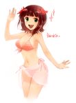  :d amami_haruka arm_up bad_id bad_pixiv_id bare_shoulders bikini blush breasts brown_hair cleavage front-tie_top green_eyes hair_ribbon idolmaster idolmaster_(classic) joypyonn looking_at_viewer medium_breasts nail_polish navel open_mouth pink_sarong red_bikini ribbon sarong see-through short_hair side-tie_bikini simple_background smile solo striped striped_bikini swimsuit translucent_sarong 