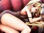  bare_legs blonde_hair blush breath gizensha legs long_hair looking_at_viewer lying on_side original red_eyes rufinia_(ayase_tamaki) solo strap_slip teruterubouzu thighs 