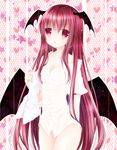  bare_shoulders bat_wings bottomless breasts collarbone covered_nipples dress_shirt head_wings koakuma long_hair mikazuki_sara naked_shirt no_pants off_shoulder red_eyes red_hair shirt small_breasts solo touhou towel very_long_hair wet wet_clothes wet_shirt wings 