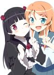  ;&lt; black_hair blue_eyes face gokou_ruri gothic_lolita highres kousaka_kirino lolita_fashion long_hair mole mole_under_eye multiple_girls one_eye_closed open_mouth orange_hair ore_no_imouto_ga_konna_ni_kawaii_wake_ga_nai red_eyes school_uniform serafuku smile tom_(tom0315) v 