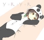  animal_costume black_hair brown_eyes buttons funami_yui glenn_(600224) leaf lying on_back pajamas panda panda_costume solo yuru_yuri 