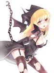  bad_id bad_pixiv_id bat_wings blonde_hair blush breasts breath brown_legwear chain cleavage demon_girl dress elbow_gloves garter_straps gloves hat leaning_forward long_hair mabinogi medium_breasts orange_eyes see-through simple_background solo succubus succubus_(mabinogi) thighhighs tongue torn_clothes torn_legwear wings yuran 