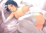  :o ahoge ass bare_shoulders blue_hair blush breasts dress dress_pull elbow_gloves garter_straps gloves highres idolmaster idolmaster_(classic) large_breasts looking_at_viewer lying miura_azusa nipples no_bra no_panties nozomi-y on_back on_bed open_mouth purple_eyes pussy short_hair solo sunlight thighhighs uncensored wedding_dress white_legwear 