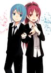  bad_id bad_pixiv_id blue_eyes blue_hair blush crossdressing dress_shirt fang formal hair_ribbon jewelry jing_hu long_hair mahou_shoujo_madoka_magica miki_sayaka multiple_girls necktie pant_suit ponytail red_eyes red_hair ribbon ring sakura_kyouko scowl shirt short_hair smile suit 