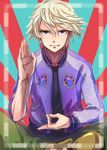  blonde_hair emo3ktkr ivan_karelin jacket letterman_jacket male_focus mudra purple_eyes purple_jacket solo tiger_&amp;_bunny 