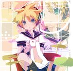  blonde_hair blue_eyes cup headphones hekicha kagamine_len male_focus necktie shorts sitting solo vocaloid 