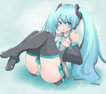  blue_eyes blue_hair blush bow detached_sleeves hair_bow haruyukiko hatsune_miku long_hair lying panties solo striped striped_panties thighhighs twintails underwear vocaloid 
