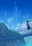  backpack bag bike_shorts blue_hair blue_sky bridge building cloud day hanging_bridge highres izumi_sai megastructure mountain nature original ponytail scenery science_fiction shirt sky skyline skyscraper solo water waterfall 