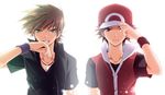  alternate_costume alternate_headwear bad_id bad_pixiv_id baseball_cap brown_eyes brown_hair clenched_teeth green_eyes hand_on_headwear hat jewelry looking_at_viewer male_focus mayokichi multiple_boys necklace ookido_green pokemon pokemon_(game) pokemon_frlg red_(pokemon) red_(pokemon_frlg) teeth wristband 