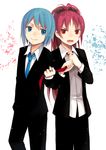  bad_id bad_pixiv_id blue_eyes blue_hair blush crossdressing dress_shirt fang formal hair_ribbon jewelry jing_hu long_hair mahou_shoujo_madoka_magica miki_sayaka multiple_girls necktie pant_suit ponytail red_eyes red_hair ribbon ring sakura_kyouko scowl shirt short_hair smile suit 