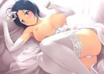  ahoge armpits arms_up ass bare_shoulders bed blue_hair blush breastless_clothes breasts dress dress_pull elbow_gloves garter_straps gloves highres idolmaster idolmaster_(classic) lace lace-trimmed_thighhighs large_breasts legs looking_at_viewer lying miura_azusa nipples no_bra nozomi-y on_back on_bed panties purple_eyes short_hair solo thighhighs thighs underwear wedding_dress white_legwear white_panties 