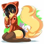  black_hair canine cute female fox hair hoodie kneeling legwear looking_at_viewer mammal parupi parupi_(character) pinup pose ribbons shineymagic solo stockings 