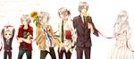  5boys artist_request baby blue_eyes book character_request child cigarette dress flower formal glasses gokudera_hayato highres katekyo_hitman_reborn! lavina long_hair multiple_boys multiple_persona necktie ponytail ribbon short_hair silver_hair suit sunflower 