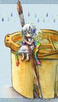  art_brush barefoot blue_eyes blue_hair bucket dress fins minigirl murach original paintbrush short_hair sitting solo water 