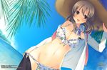  beach bikini brown_hair cleavage hat kunai_uri open_shirt panty_pull sucre swimsuit 