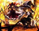  black_hair blonde_hair broom brown_eyes hair_ribbon hair_tubes hakurei_reimu hat kirisame_marisa multiple_girls ribbon toriko_(hatoriko) touhou witch_hat yellow_eyes 