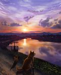  dog matataku no_humans original reflection ripples river scenery shadow shiba_inu signature sky sunset water 