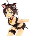  animal_ears antenna_hair bad_id bad_pixiv_id bell bell_collar bikini black_bikini black_hair blue_eyes blush collar flower frilled_bikini frills hair_flower hair_ornament idolmaster idolmaster_(classic) joypyonn kikuchi_makoto leaning_forward leg_garter light_particles looking_at_viewer short_hair simple_background smile solo swimsuit 