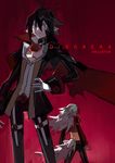  back-to-back black_hair cape copyright_name disgaea fenrich_(disgaea) gloves jacket long_hair makai_senki_disgaea_4 male_focus multiple_boys open_clothes open_jacket pointy_ears red_background red_eyes short_hair starshadowmagician tail valvatorez_(disgaea) white_gloves white_hair wolf_tail 