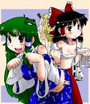  ass hakurei_reimu kirisame_marisa kochiya_sanae multiple_girls nude open_clothes open_shirt open_skirt panties sarashi shirt side-tie_panties skirt touhou underwear undressing yakuta_tetsuya 