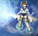 animal_ears aura bad_id bad_pixiv_id bandages brown_eyes brown_hair dog_ears dog_tail flying glowing glowing_sword glowing_weapon miyafuji_yoshika neckerchief sailor school_swimsuit solo strike_witches striker_unit swimsuit swimsuit_under_clothes sword tail weapon world_witches_series zouni_(xavier) 
