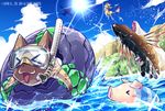  day diving_mask diving_mask_on_eyes felyne fishing fuse_ryuuta monster_hunter pig plesioth poogie rathalos sky snorkel 