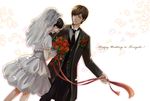  1girl bouquet boutonniere bridal_veil bride couple dress flower formal hetero kamen_rider kamen_rider_w narumi_akiko suit terui_ryuu tomoko.a veil wedding wedding_dress 