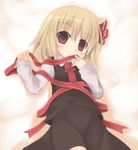  blonde_hair blush hair_ribbon nami_(cassette) necktie red_eyes red_neckwear ribbon rumia short_hair solo touhou 