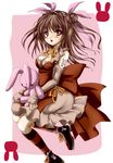  alto_seneka bad_id bad_pixiv_id bloomers brown_hair bunny colorized double_bun dress elbow_gloves fingerless_gloves gloves highres long_hair original red_eyes socks solo striped striped_legwear stuffed_animal stuffed_bunny stuffed_toy totsuko underwear 