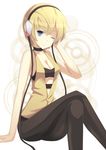  bad_id bad_pixiv_id blonde_hair blue_eyes breasts choker cleavage crossed_legs halterneck headphones kamitsure_(pokemon) large_breasts midriff one_eye_closed pantyhose poke_ball pokemon pokemon_(game) pokemon_bw samegami short_hair sitting smile solo strapless tubetop 