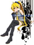  akita_neru black_legwear blonde_hair colorized crossed_legs detached_sleeves eto eyebrows_visible_through_hair hair_ornament highres legs long_hair nail_polish necktie ponytail side_ponytail sitting skirt smile solo thighhighs very_long_hair vocaloid water_drop yellow_eyes yellow_nails yellow_neckwear 