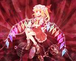  armillary_sphere blonde_hair blood cage chain collar crazy_eyes dress fangs flandre_scarlet highres laevatein neme open_mouth ribbon short_hair side_ponytail solo stabbed string touhou wand wings wrist_cuffs 