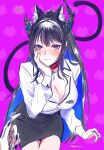 2girls absurdres animal_ears black_hair black_skirt blue_hair blush breasts cat_day cat_ears cat_girl cat_tail chain cleavage collar commentary_request cowboy_shot demon_horns hand_on_own_face highres holding holding_chain hololive hololive_english horns large_breasts mole mole_under_eye multiple_girls nerissa_ravencroft nerissa_ravencroft_(casual) official_alternate_costume pencil_skirt pov purple_background purple_eyes red_collar shirt simple_background skirt solo_focus tail virtual_youtuber white_shirt yuri_kyanon 