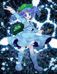  backpack bag bloomers blue_eyes blue_footwear blue_hair boots cattail coat danmaku hair_bobbles hair_ornament hat iris_anemone kawashiro_nitori mosaic_background mountain_of_faith plant smile solo touhou two_side_up underwear 